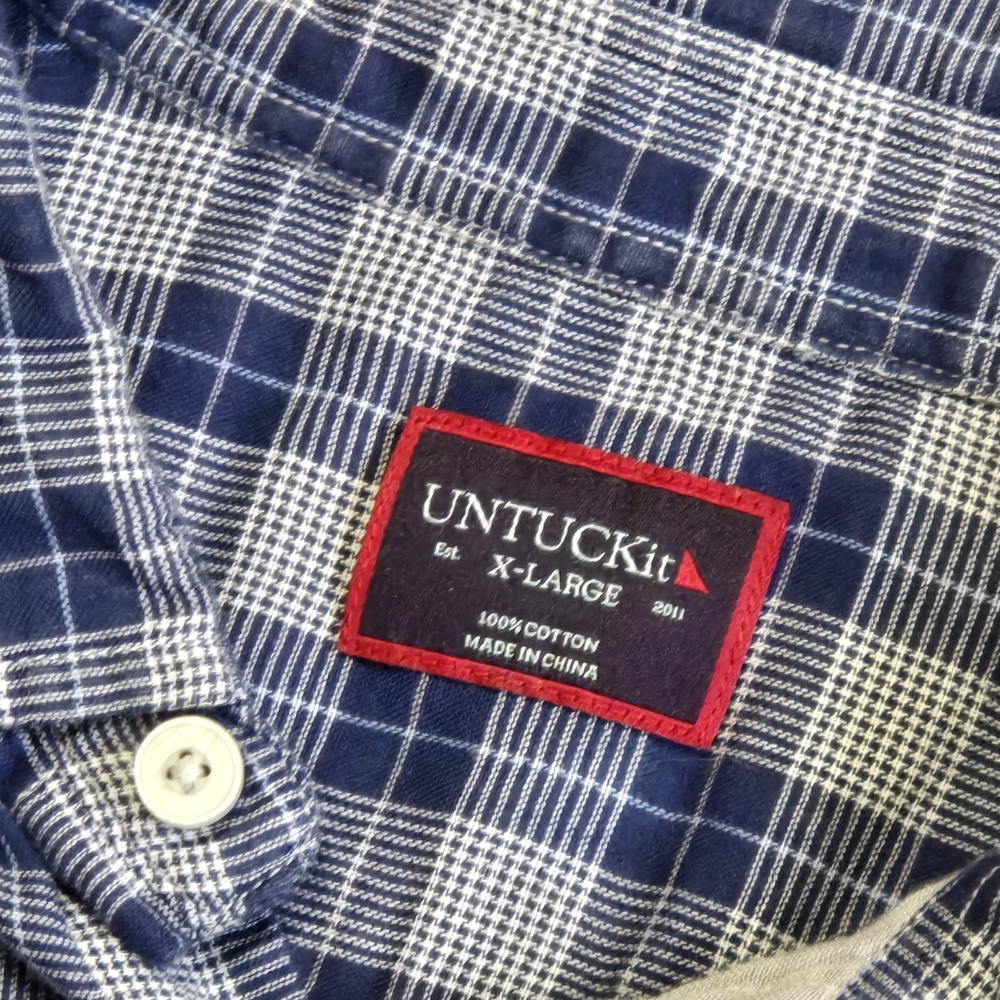 UNTUCKit Men's XL Blue White Plaid Checkered Vacation Casual Spring Shirt Cotton